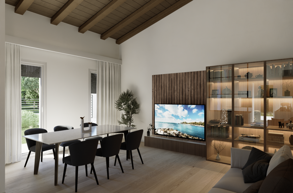 Foto di una casa all'ombra bianca e parquet marrone chiaro con televisione in un mobile con fantasia in legno