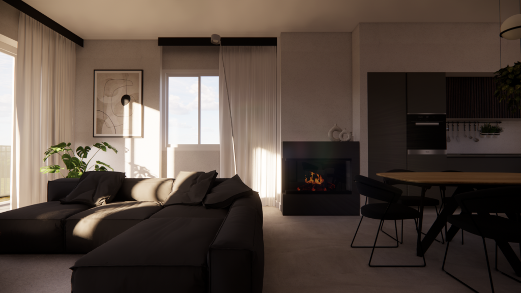 Foto di un salotto ombreggiato bianco con caminetto con fuoco artificiale e divano grigio e cucina open space