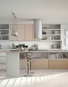 Unfinished project of of modern wooden kitchen with wooden details and panoramic window, white minimalistic interior design Unfinished project of of modern wooden kitchen with wooden details and panoramic window, white minimalistic interior design