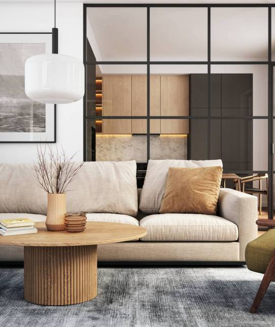 Modern living room interior – 3d render Living room 3d render with beige and green colored furniture and wooden elements