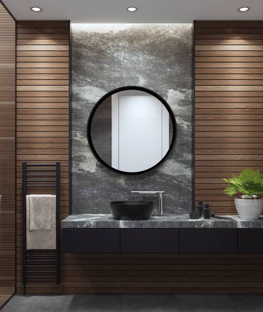 Modern minimalist bathroom Luxurious bathroom with natural stone tiles and wood planks.