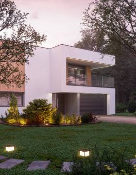 Luxury Modern House In Forest At Dawn Luxury modern villa in the forest at dawn.