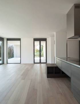 Modern kitchen with view Interior of modern apartment, island kitchen. Nobody inside